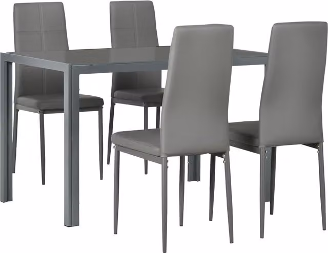 HOMCOM 5-Piece Modern Kitchen Dining Set with Rectangular Glass Tabletop and 4 Grey Faux Leather Metal Frame Chairs – 1