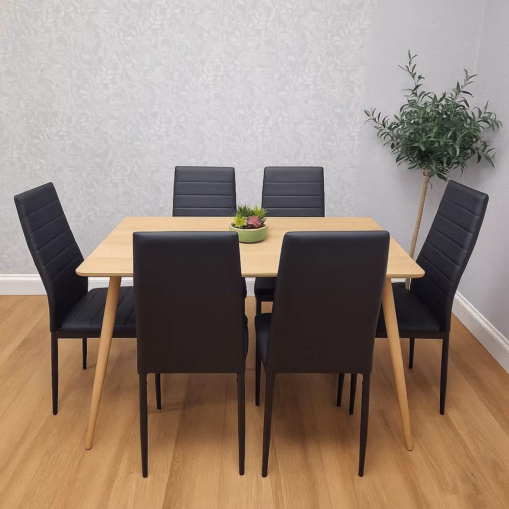 KOSY KOALA Modern Rectangular Dining Table Set with 6 Black Faux Leather Chairs, W/D/H: 120 x 70 x 75 cm – 2