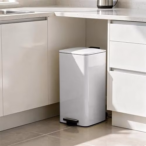 Harbour Housewares 30L Square Stainless Steel Kitchen Pedal Bin in White with Soft-Close Lid and Removable Inner Bucket – 2