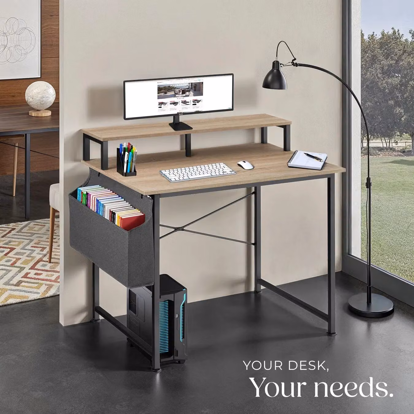 tectake Industrial Desk with Shelving and Fabric Storage Bag in Oak, W/D/H: 120 x 60 x 110 cm – 6