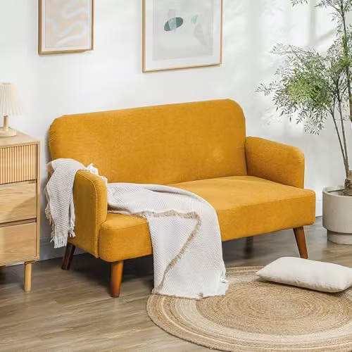HOMCOM 2 Seater Velvet Upholstered Sofa in Yellow with Rubberwood Legs – 2