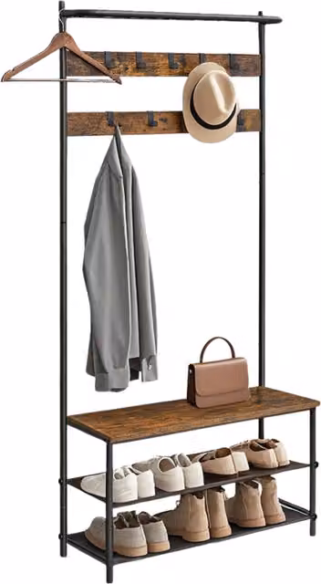 Pirlo Plush Rustic Brown Hall Tree with Bench and Dual Hook and Rail Matrix