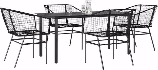 Berkfield Home 5 Piece Black Poly Rattan Garden Dining Set with Glass Top Table