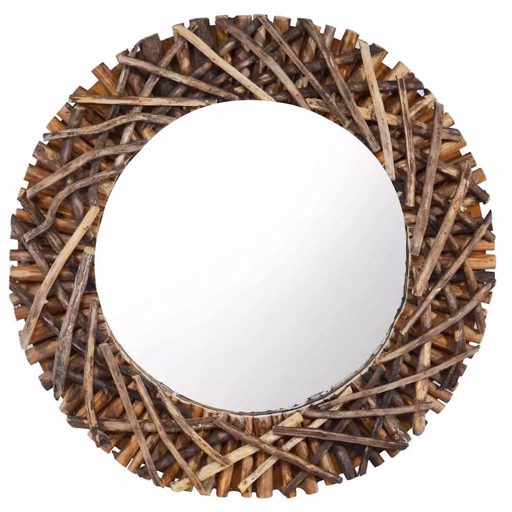 Berkfield Home Round Retro Wall Mirror in Brown Wood and Glass, Diameter: 60 cm – 1