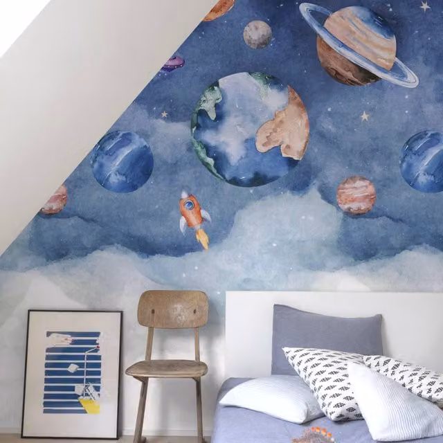 Grandeco Roswell Planet Spaceship Nursery 3 Panel Repeatable Mural, Blue and Multicolour, W: 280 cm, H: 159 cm