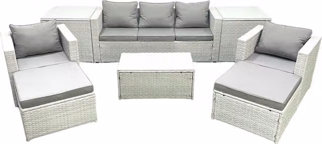 Fimous 7 Seater Rattan Garden Furniture Set in Light Grey with 3 Seater Sofa, 2 Armchairs, Coffee Table, 2 Ottomans and 2 Side Tables