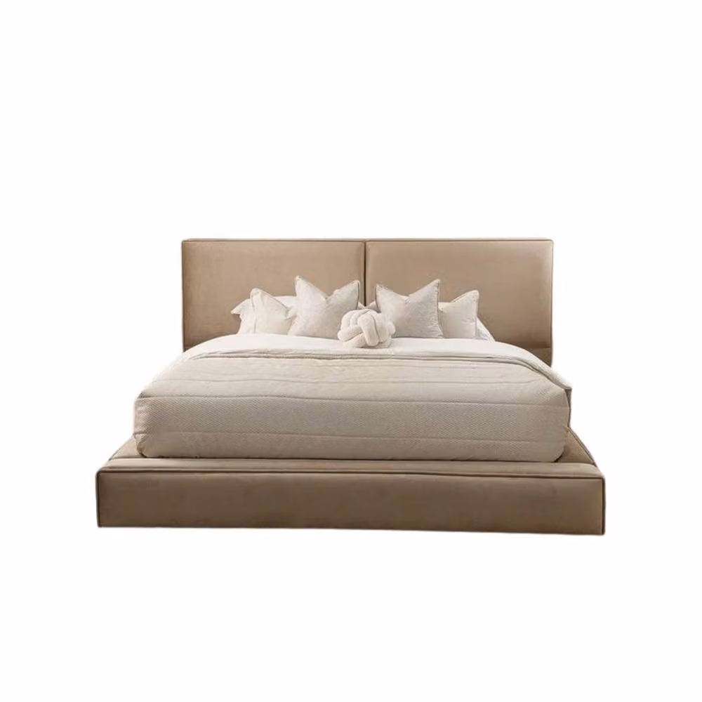 Stratus Interiors Tempa Velvet Platform Bed with Piping Border in Brown and Beige, Double, W: 140 cm, L: 200 cm – 2