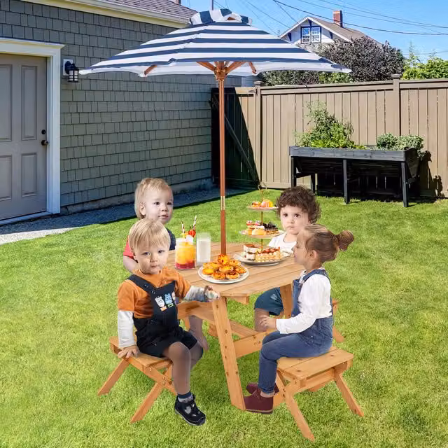 Costway Round Octagon Kids Picnic Table and Stool Set in Brown Treated Hardwood