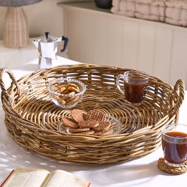 Dibor Natural Rattan Large Decorative Rectangular Tray with Handles, Brown, W: 61 cm, L: 40 cm, H: 19 cm – 1