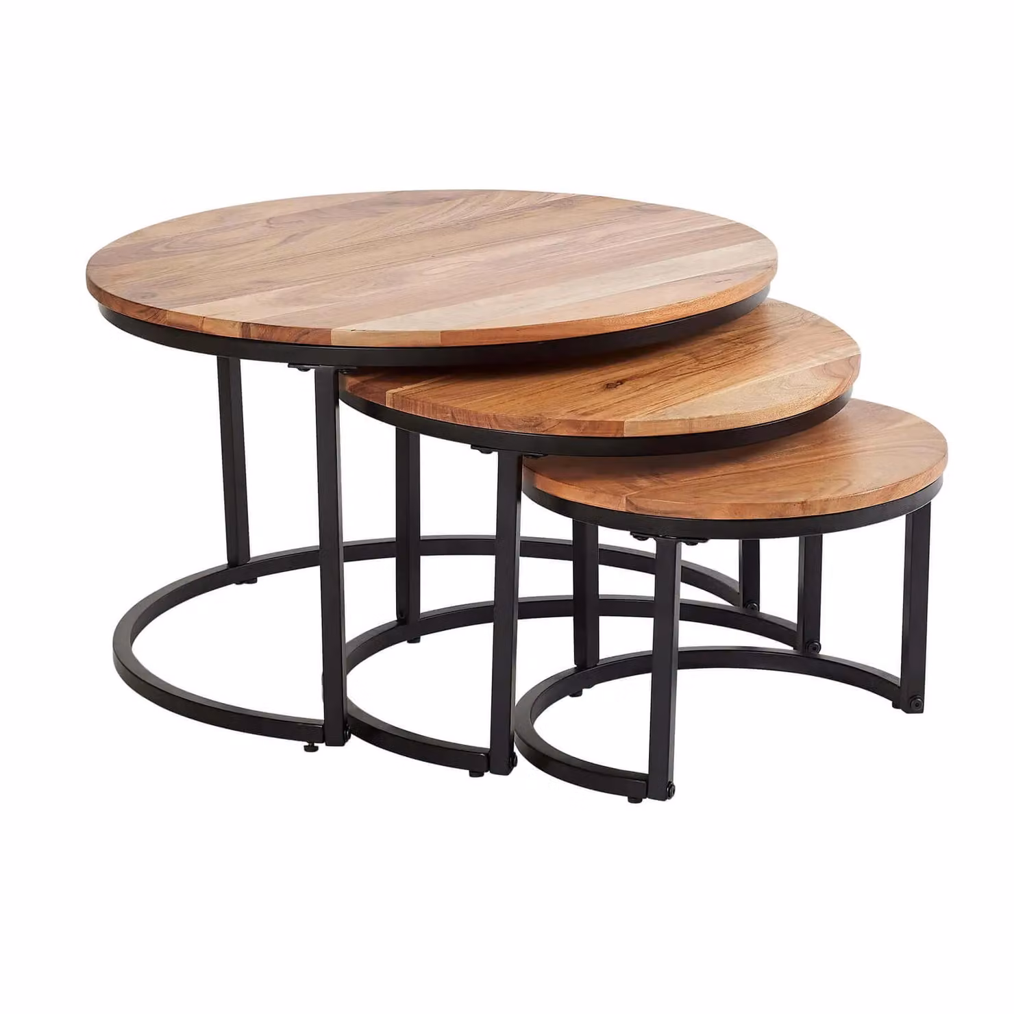 Home Source Nest of 3 Round Acacia Wood and Metal Tables in Brown – 2