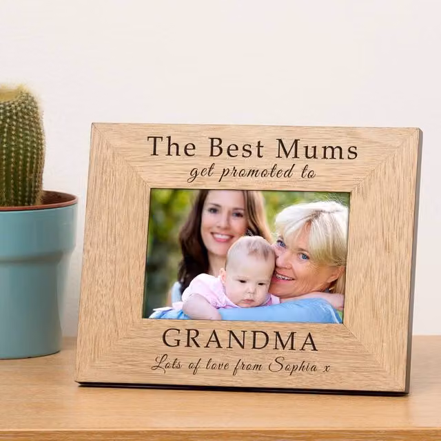Uniqueful Personalised Best Mum Promoted to Grandma Single Photo Frame, Silver Finish and Brown Wood, W/H: 19.5 x 19.5 cm