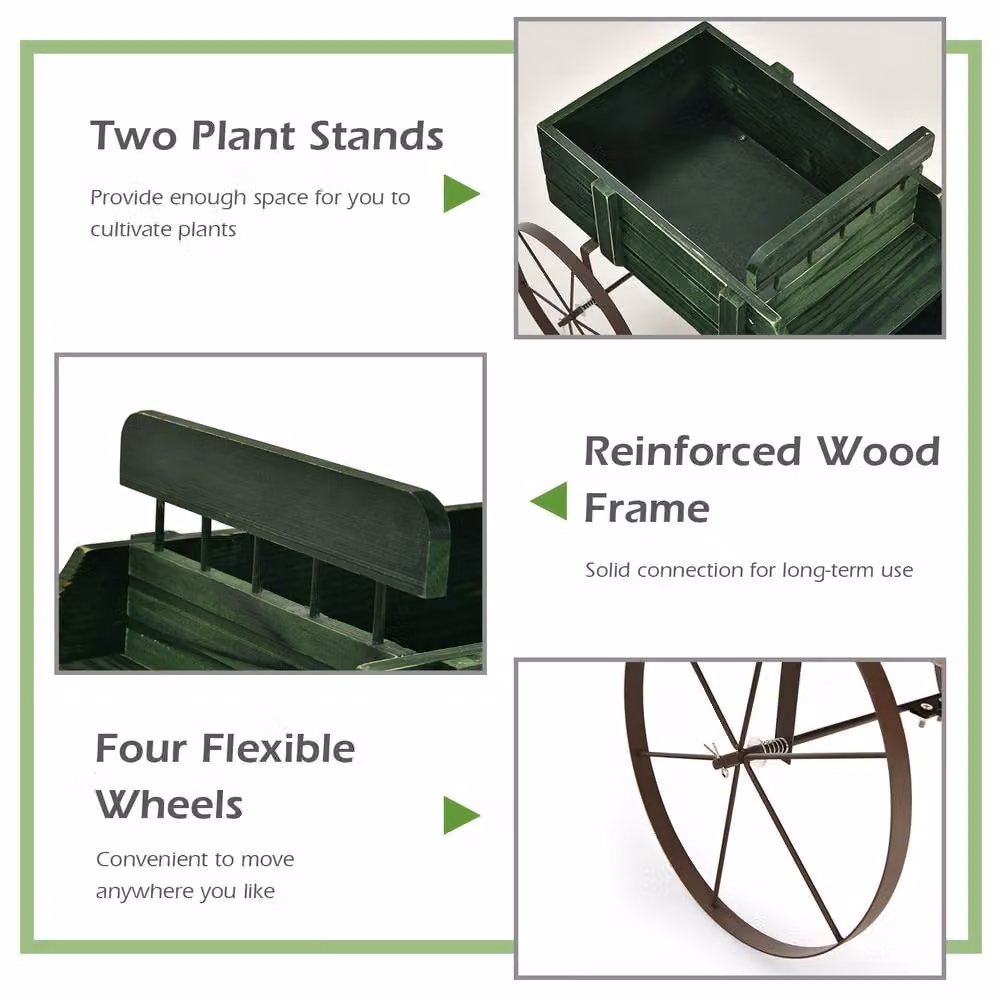 Costway Green Garden Wagon Planter with Two Planting Sections and Rustic Wood and Metal Design – 6