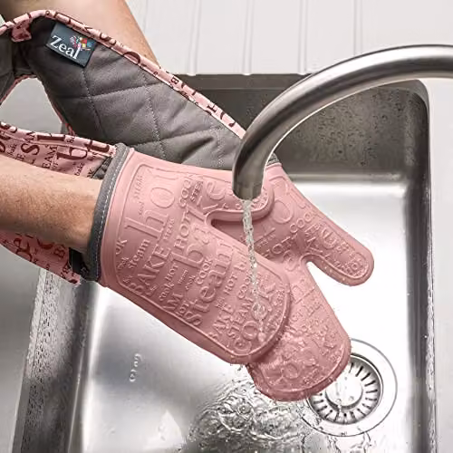 Zeal Silicone Double Oven Gloves in Rose Pink, Waterproof and Steam-Resistant with Non-Slip Grip – 5