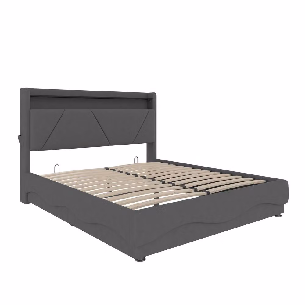 BTM King LED Hydraulic Storage Bed with Shelves and USB Charging Ports in Dark Grey, 150 x 200 cm – 9