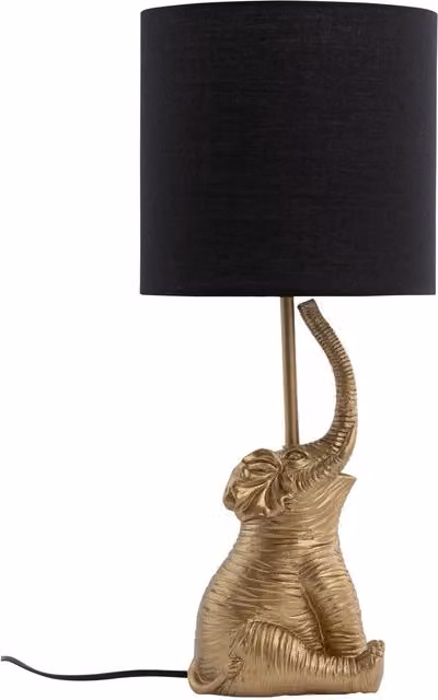 First Choice Lighting Elephant Gold Resin Table Lamp with Black Fabric Shade