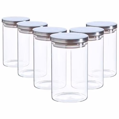 Argon Tableware Scandi Airtight Glass Storage Jars with Metal Lids, 1 Litre, 6 Pack, Silver and Gold