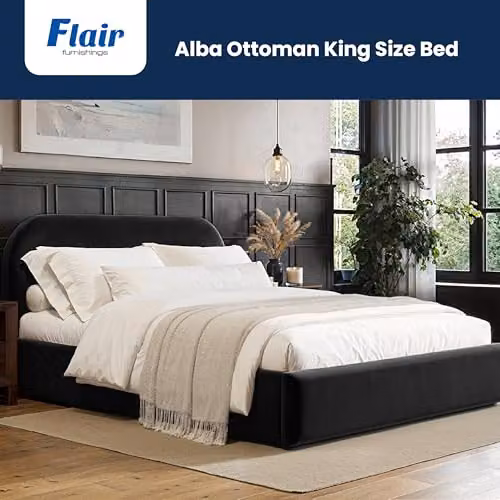 Flair Furnishings Alba Ottoman Bed, King Size Upholstered Bed Frame with Storage and Curved Headboard, Black Velvet, W/D/H: 180 x 200 x 165 cm – 3