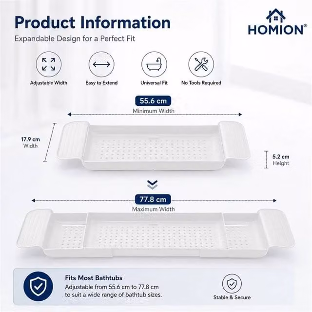KORVIXA White Plastic Bathtub Caddy, W: 80 cm, D: 50 cm