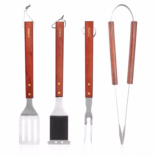 Tower 4 Piece Stainless Steel BBQ Tools Set with Red Wood Handles