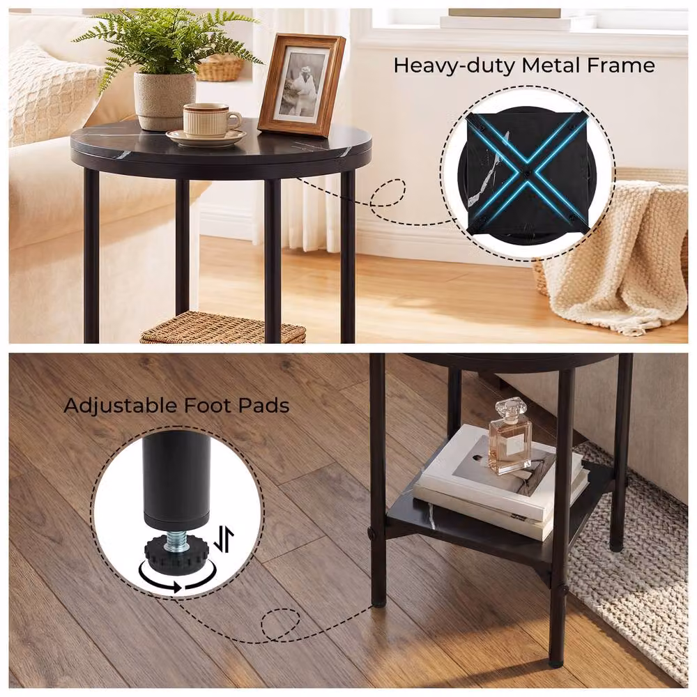Gymax 2-Tier Round Side Table with Black Faux Marble Top and Metal X-Frame – 5