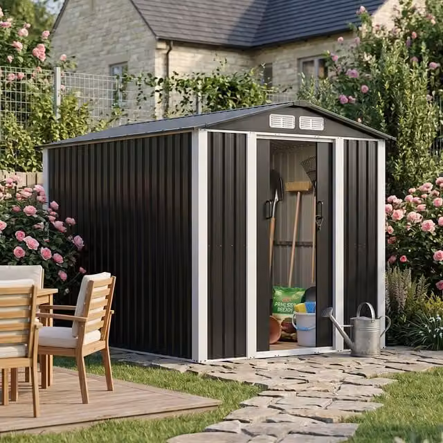 Breeins Metal Garden Storage Shed with Lockable Sliding Door, Black and White, W/D/H: 182.88 x 182.88 x 280 cm