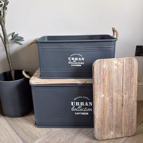 The Satchville Gift Company Set of Three Grey Urban Rectangular Metal Storage Containers – 3