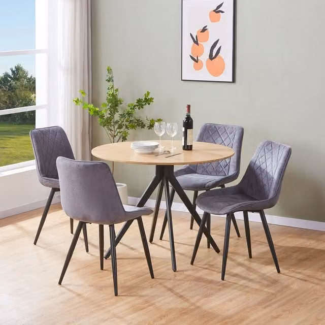 Aspen Light Oak Round Dining Table and 4 Grey Fabric Chairs Set