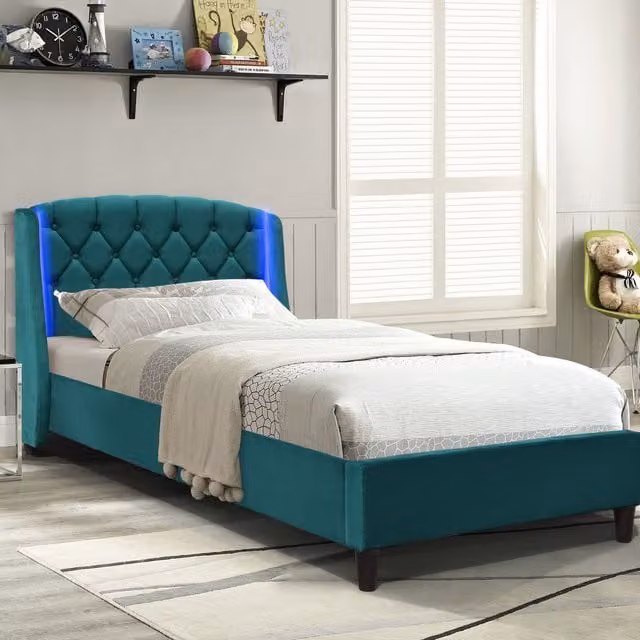 Comfy Living Upholstered Fabric Bedframe with LED Headboard in Green, Single 90 x 200 cm