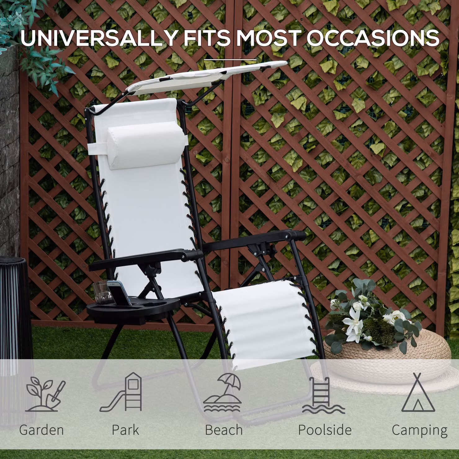 Outsunny Zero Gravity Folding Garden Deck Chair with Canopy Shade and Cup Holder, White – 7