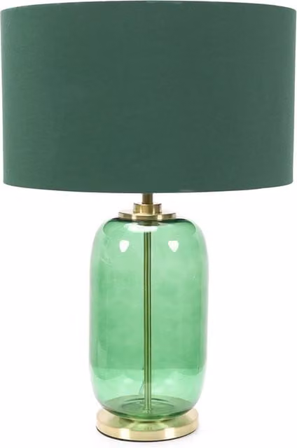 ValueLights Forest Green Glass Table Lamp with Gold Trim and Leigh Fabric Drum Shade, including LED Bulb