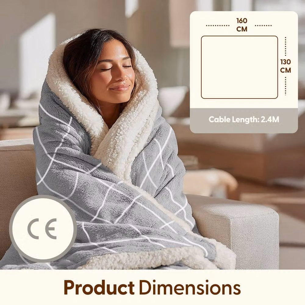 Keplin Large Electric Heated Fleece Wool Throw Blanket in Light Grey with 9 Heat Settings – 2
