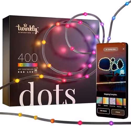 Twinkly Dots 20m Flexible RGB LED Strip, Multicolour, Black Wire, IP44 Rated, Compatible with Alexa, Google Assistant and Apple HomeKit
