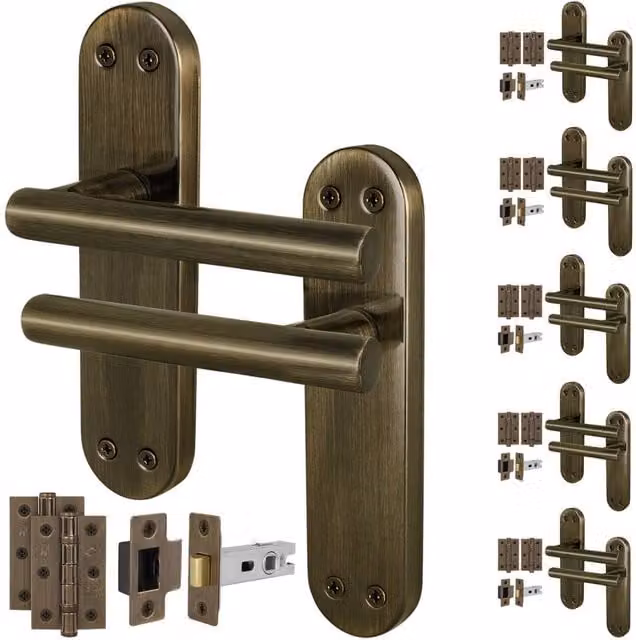 AFIT T-Bar Antique Brass Latch Backplate Handles and Hinges in Bronze, 6 Pairs, 150 x 150 mm