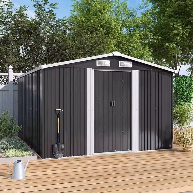 Lifeideas Metal Apex Roof Garden Shed with Sliding Doors and Side Vent, Charcoal Black, W: 243.84 cm, D: 304.8 cm, H: 243.84 cm