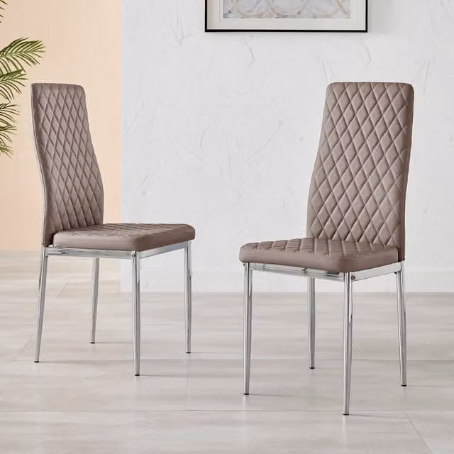 FurnitureboxUK Set of 4 Milan High Back Diamond Pattern Faux Leather Dining Chairs in Beige with Silver Chrome Metal Legs
