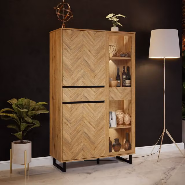 Furniture To Go Nikomedes Mid-Century Display Cabinet in Spica Oak, Matt Black and Bartex Oak with Glass Doors – 1