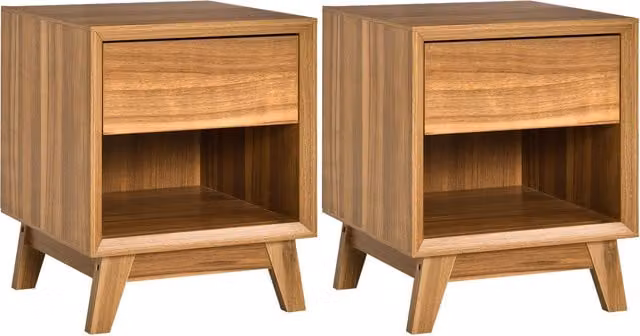HOMCOM Set of 2 Modern Walnut Brown Nightstands with Drawer and Shelf