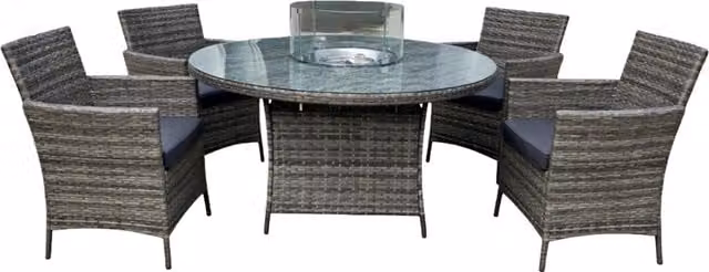 Madefor.living Grey Polyrattan Fire Pit Dining Set with Round Table and 4 Wicker Armchairs with Cushions