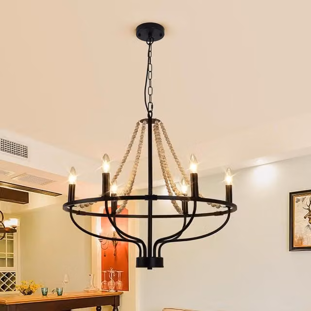 Garwarm Black 6-Light Metal and Wood Vintage Pendant Light with Adjustable Height