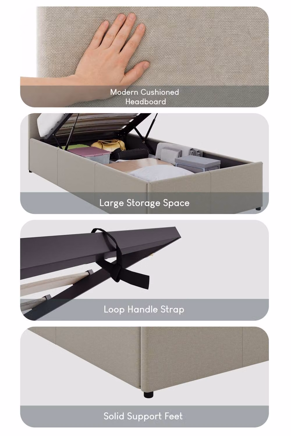 Vida Designs Veronica Single Ottoman Bed Frame with Storage in Beige Linen Fabric, W/D/H: 90 x 190 cm – 2
