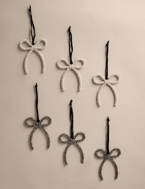 M&S 6 Pack White Beaded Hanging Bow Christmas Pendant Decorations