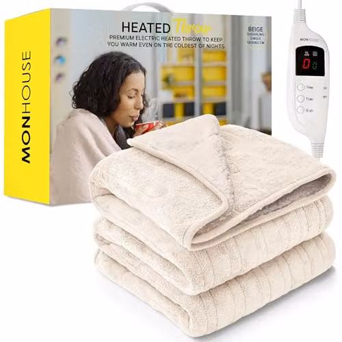 MONHOUSE Heated Electric Fleece Throw in Beige, W/D/H: 130 x 160 cm