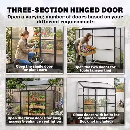 Outsunny Black Polycarbonate Lean-to Pent Greenhouse with 3 Hinged Doors and Top Vent, W/D/H: 182.88 x 45.72 x 180 cm – 6
