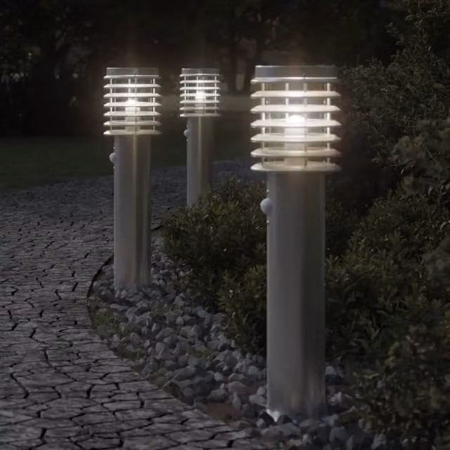 Berkfield Home Set of 3 Silver Stainless Steel Outdoor Floor Lamps with Motion Sensors, Height: 60 cm