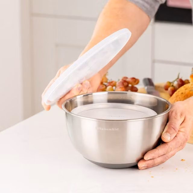 KitchenAid Set of 2 Round Stainless Steel Nesting Mixing Bowls with Lids and Non-Slip Base, Silver