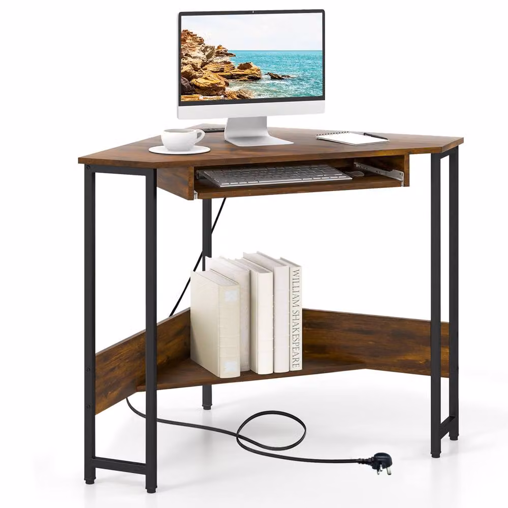 Costway Industrial Corner Desk in Brown with Metal and Wood Construction – 6