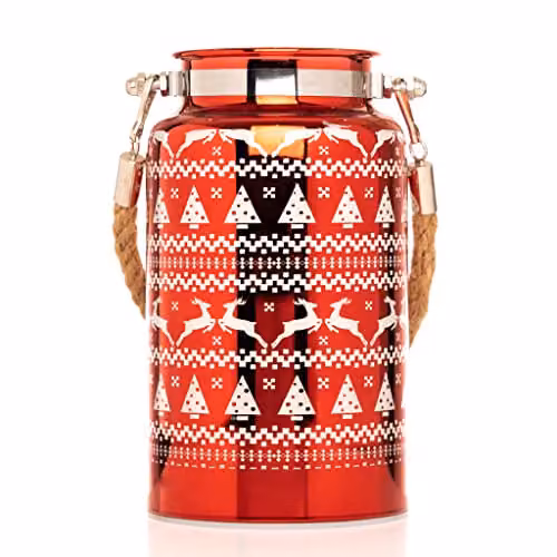 SHATCHI Red Christmas Decorated Jar Table Lamp with Etched Glass and LED Fairy Lights, H 16 cm x W 9 cm x D 9 cm – 2