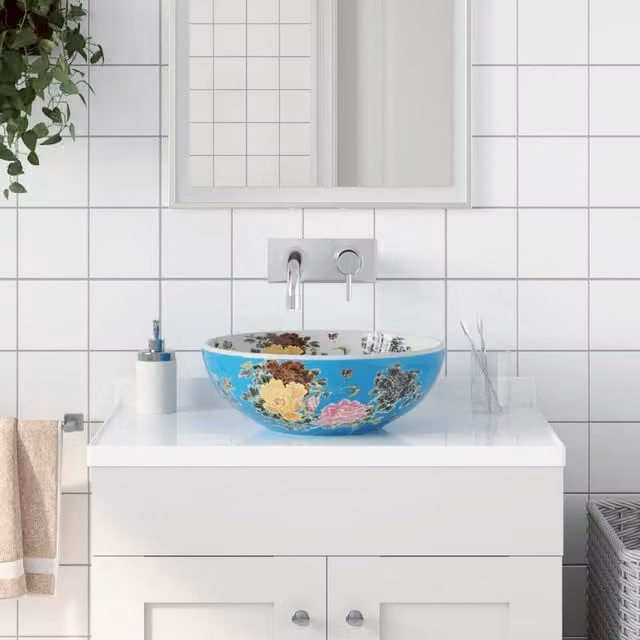 Berkfield Home Round Ceramic Countertop Basin in Blue and Multicolour, Diameter: 41 cm, Height: 14 cm