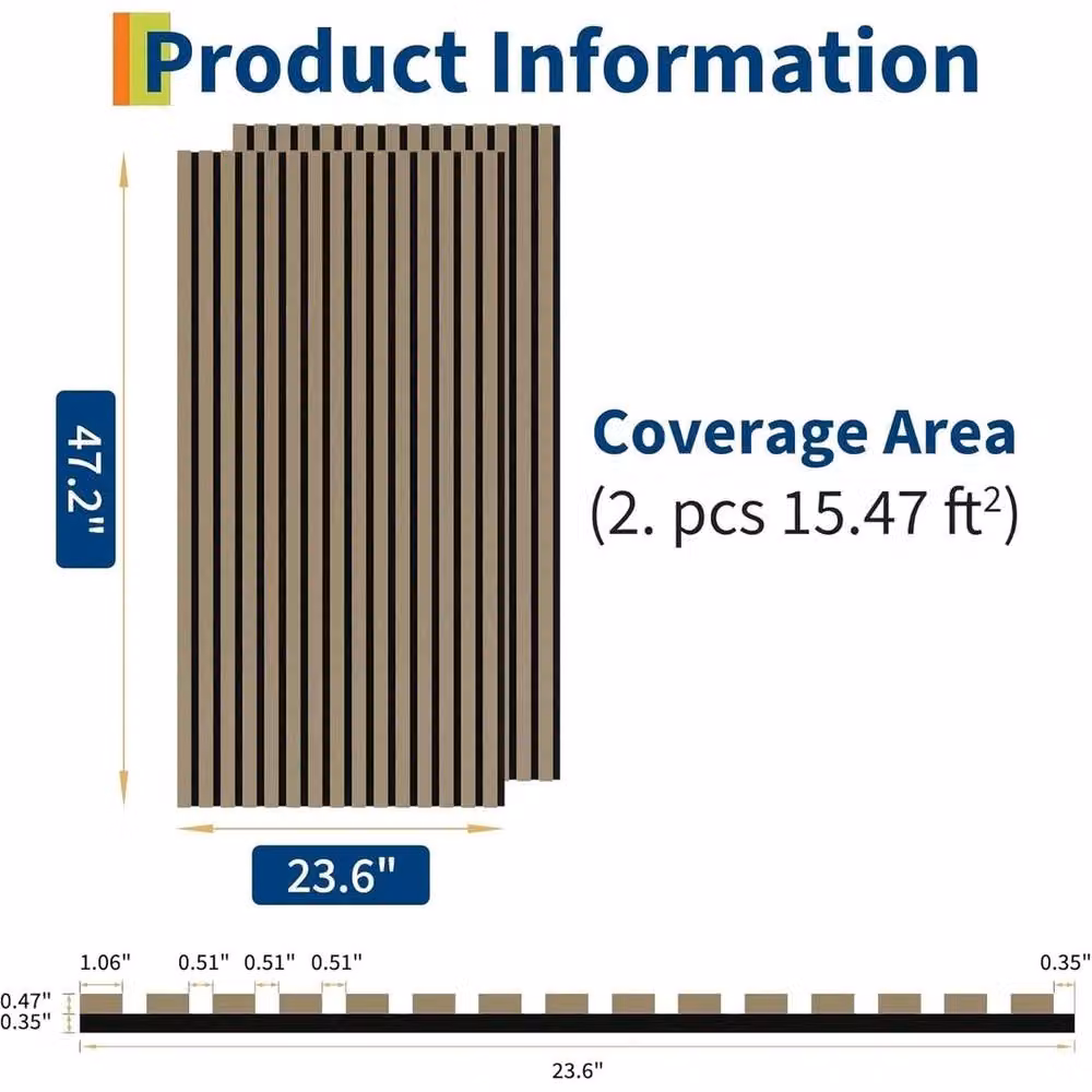 VOGREX 2-Pack 3D Fluted Wood Slat Acoustic Panels in Brown, W/H: 120 x 60 cm – 2
