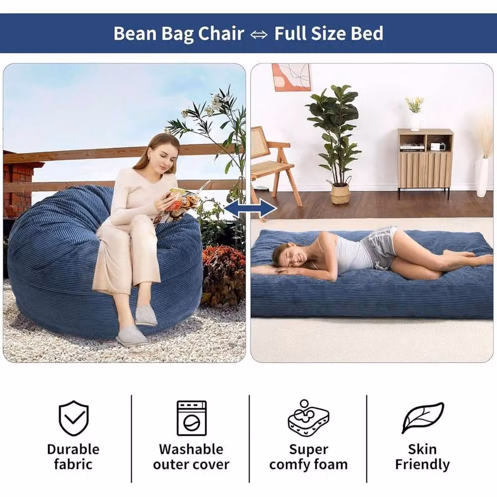 VOGREX 2 in 1 Convertible Corduroy Bean Bag Chair Bed and Floor Sofa in Blue – 4